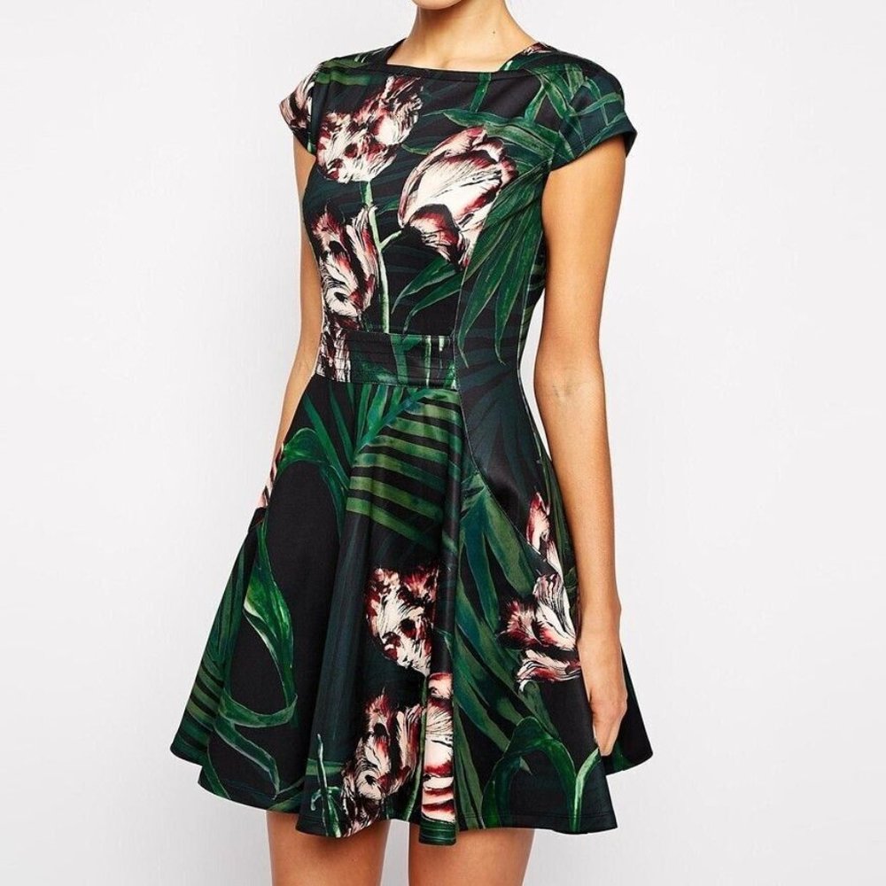 Ted Baker "Florell" Palm Floral Black Green Skater Dress US size 4 (TB 1)